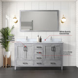 Jacques 60" Distressed Grey Double Vanity, White Quartz Top, White Square Sinks and 58" Mirror w/ Faucets