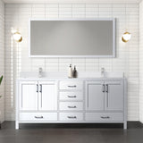 Jacques 72" White Double Vanity, White Quartz Top, White Square Sinks and 70" Mirror w/ Faucets