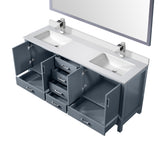 Jacques 72" Dark Grey Double Vanity, White Quartz Top, White Square Sinks and 70" Mirror w/ Faucets