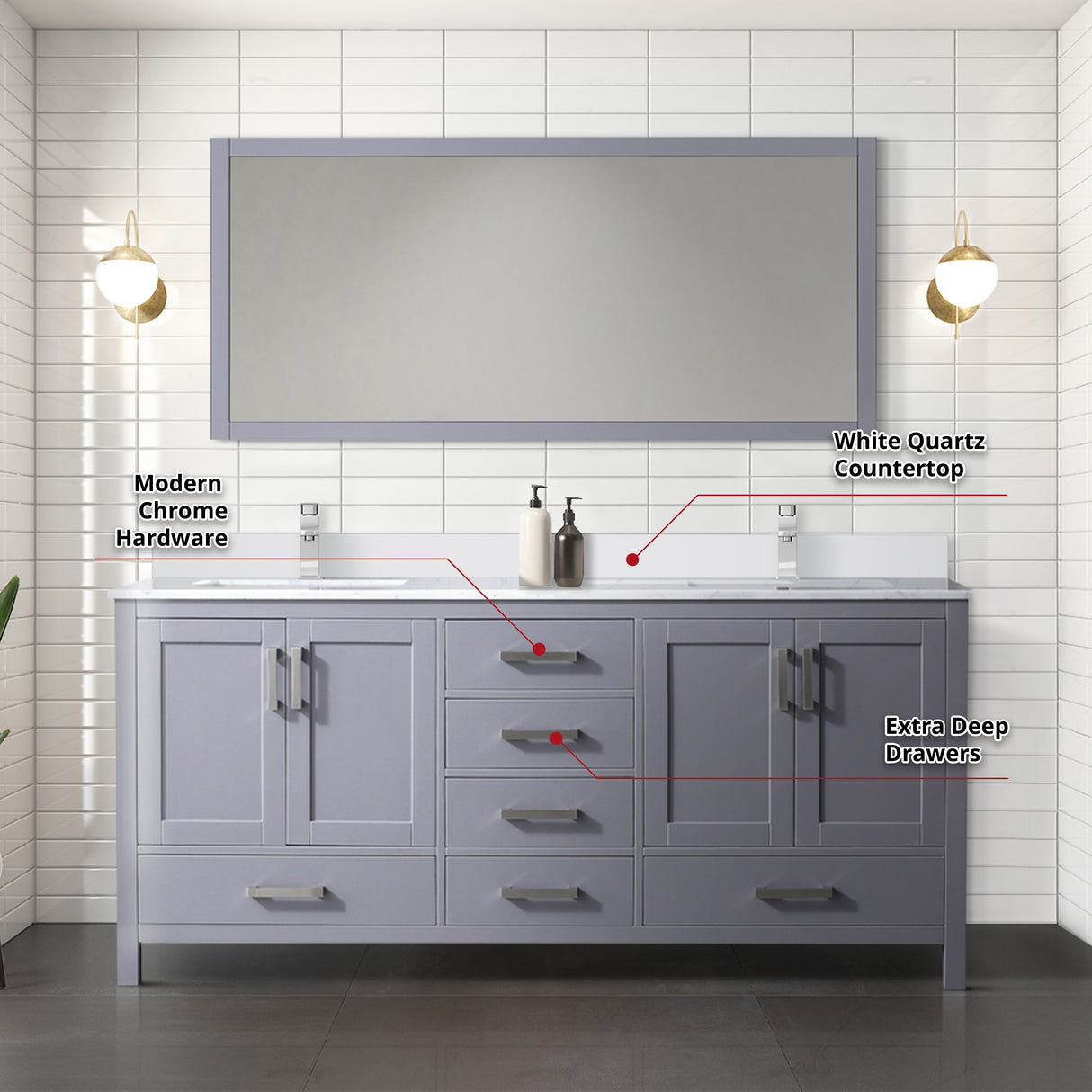 Jacques 72" Dark Grey Double Vanity, White Quartz Top, White Square Sinks and 70" Mirror w/ Faucets