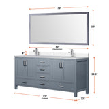 Jacques 72" Dark Grey Double Vanity, White Quartz Top, White Square Sinks and 70" Mirror w/ Faucets