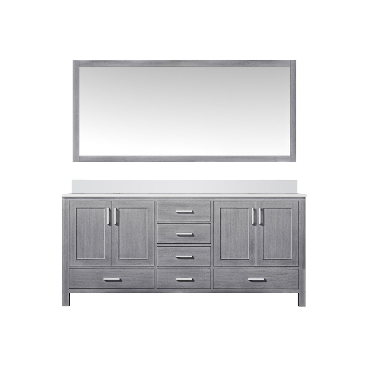 Jacques 72" Distressed Grey Double Vanity, White Quartz Top, White Square Sinks and 70" Mirror