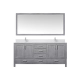 Jacques 72" Distressed Grey Double Vanity, White Quartz Top, White Square Sinks and 70" Mirror w/ Faucets