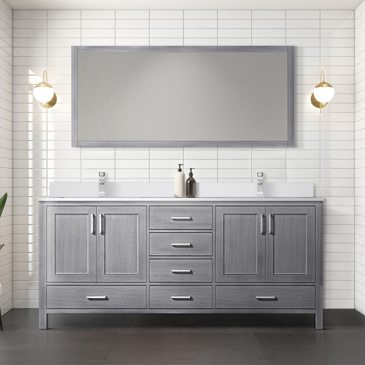 Jacques 72" Distressed Grey Double Vanity, White Quartz Top, White Square Sinks and 70" Mirror w/ Faucets