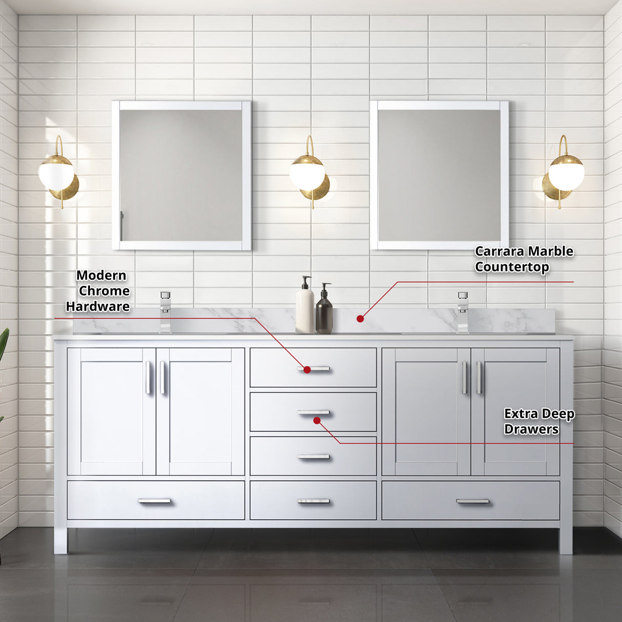 Jacques 80 in. Freestanding Bathroom Vanity with White Carrara Marble Top, White Square Sink