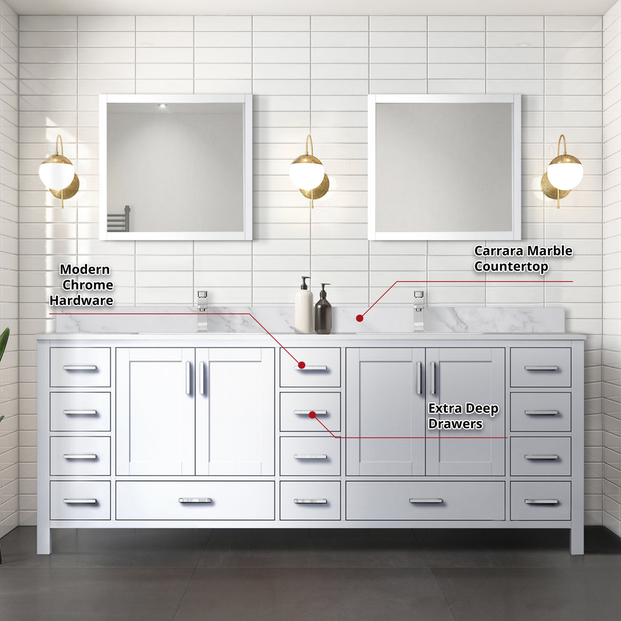 Jacques 84 in. Bathroom Freestanding Bathroom Vanity With Undermount Ceramic Sink, White Carrara Marble