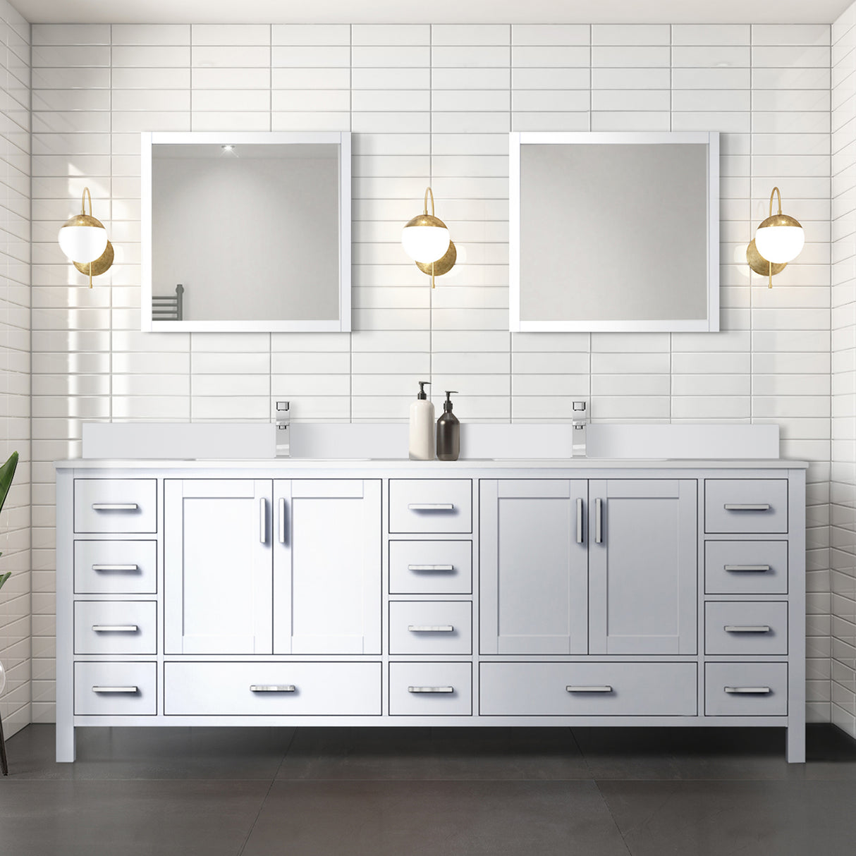Jacques 84" White Double Vanity, White Quartz Top, White Square Sinks and 34" Mirrors