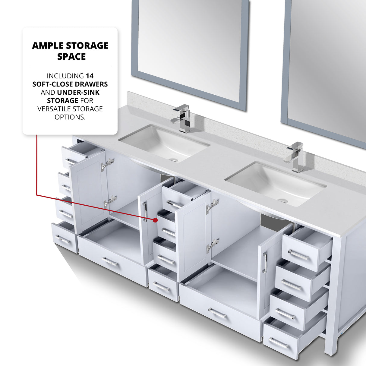Jacques 84" White Double Vanity, White Quartz Top, White Square Sinks and 34" Mirrors