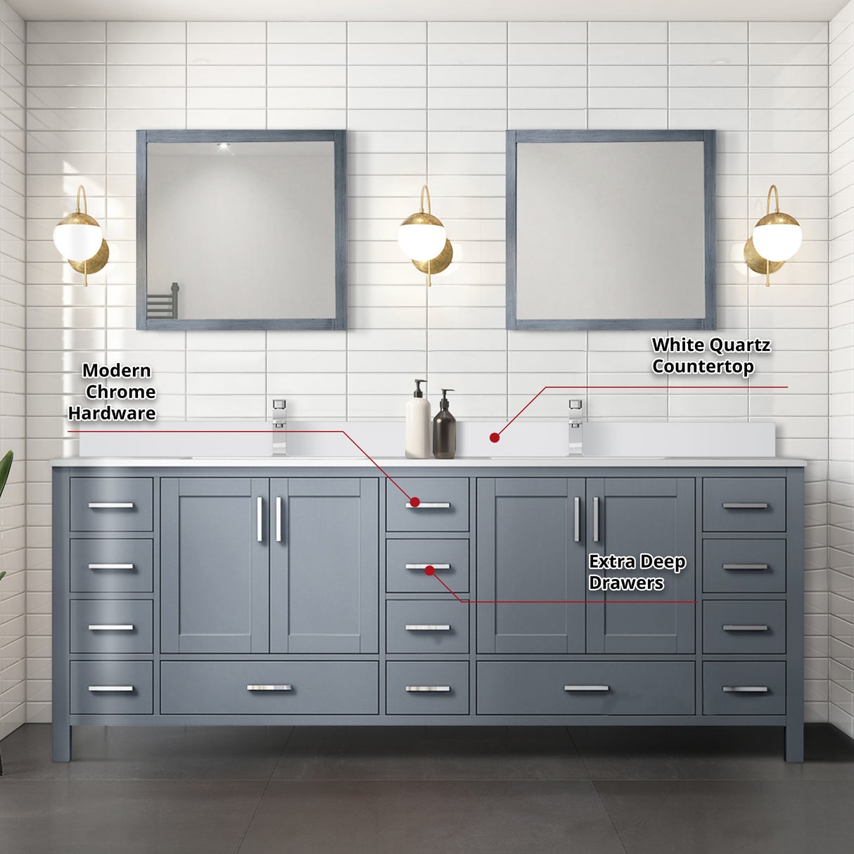 Jacques 84" Dark Grey Double Vanity, White Quartz Top, White Square Sinks and 34" Mirrors w/ Faucets