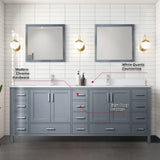Jacques 84" Dark Grey Double Vanity, White Quartz Top, White Square Sinks and 34" Mirrors w/ Faucets