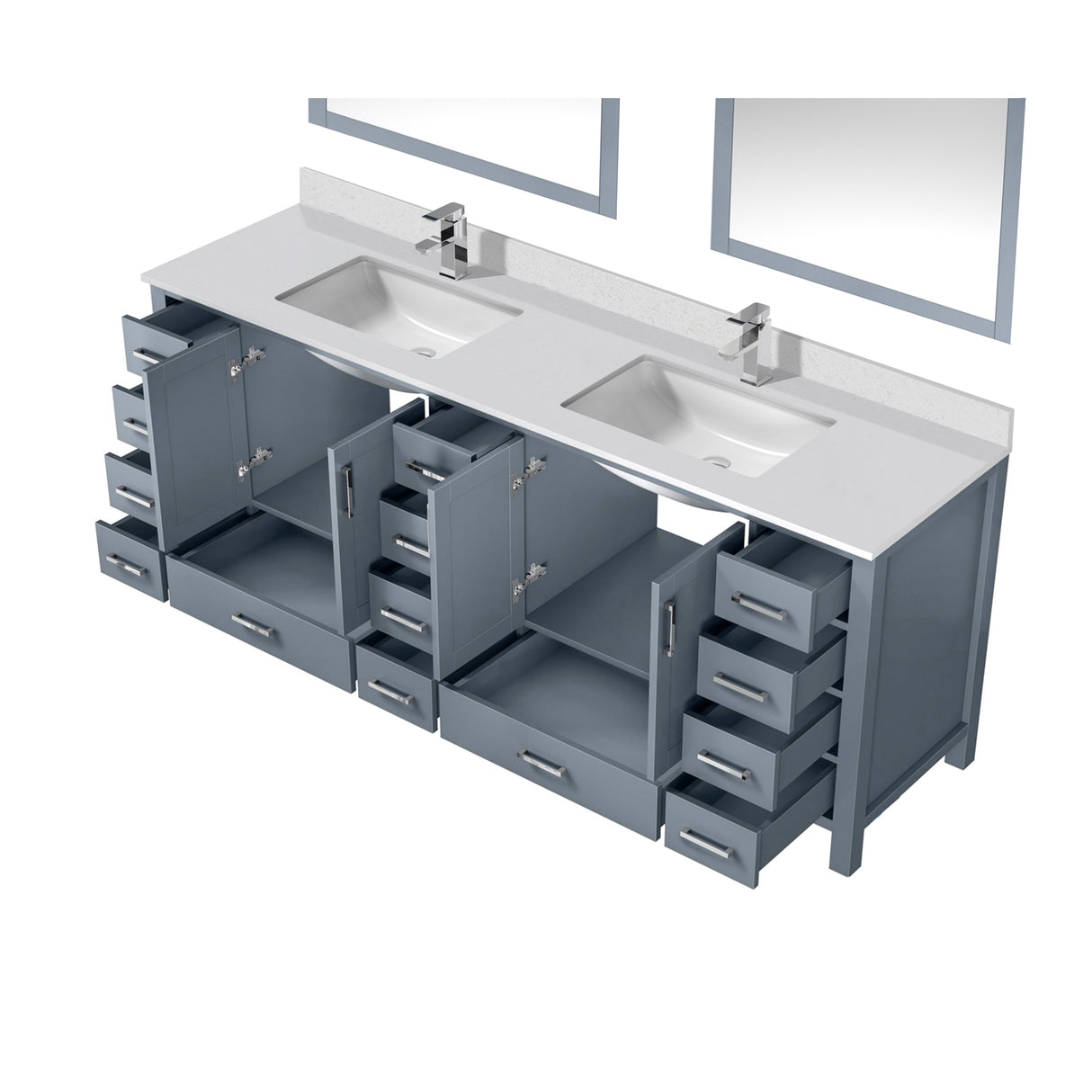 Jacques 84" Dark Grey Double Vanity, White Quartz Top, White Square Sinks and 34" Mirrors w/ Faucets