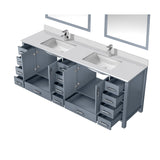Jacques 84" Dark Grey Double Vanity, White Quartz Top, White Square Sinks and 34" Mirrors w/ Faucets