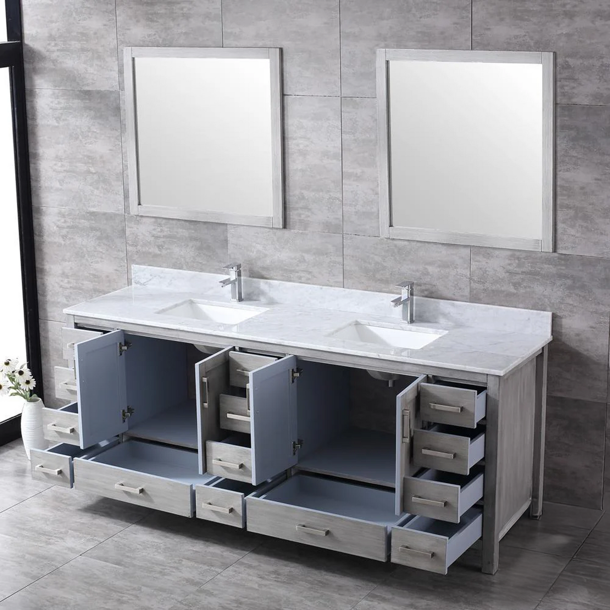 Jacques 84 in. Bathroom Freestanding Bathroom Vanity With Undermount Ceramic Sink, White Carrara Marble