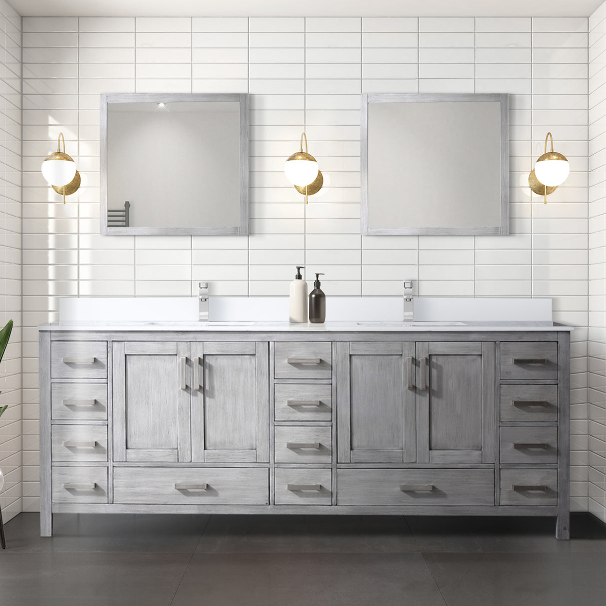 Jacques 84" Distressed Grey Double Vanity, White Quartz Top, White Square Sinks and 34" Mirrors