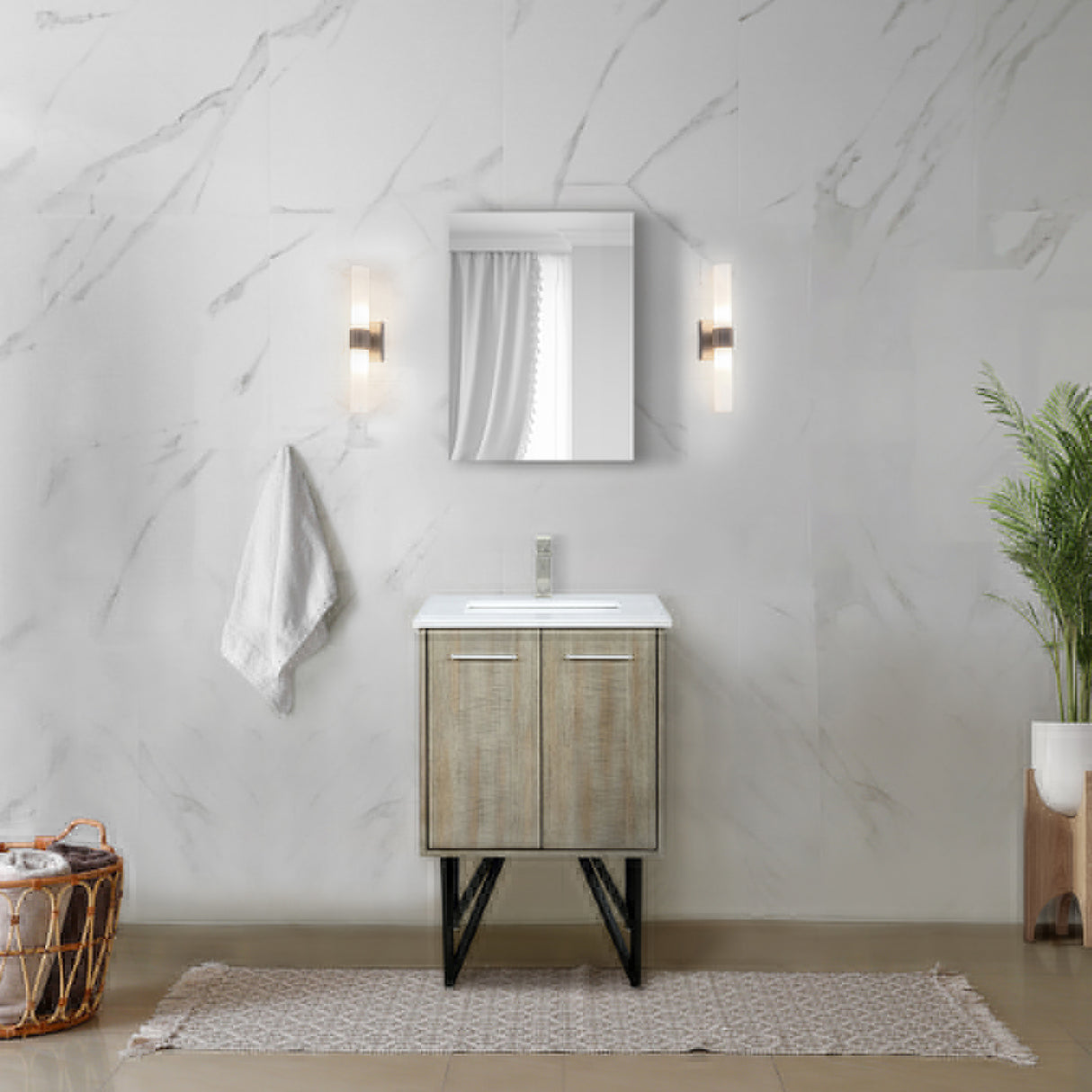 Lancy 24" Rustic Acacia Bathroom Vanity, White Quartz Top, White Square Sink, and 18" Frameless Mirror