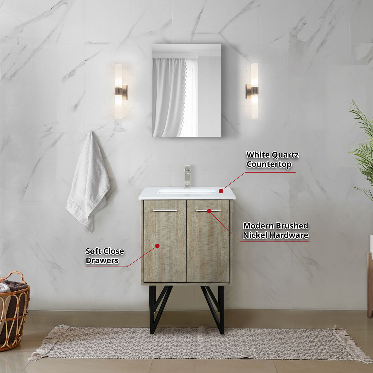 Lancy 24" Rustic Acacia Bathroom Vanity, White Quartz Top, White Square Sink, and 18" Frameless Mirror