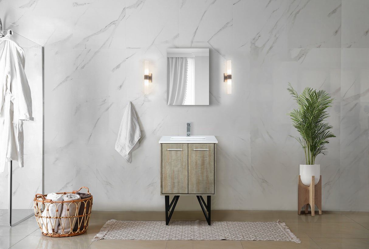 Lancy 24" Rustic Acacia Bathroom Vanity, White Quartz Top, White Square Sink, Monte Chrome Faucet Set, and 18" Frameless Mirror