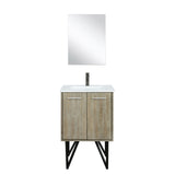 Lancy 24" Rustic Acacia Bathroom Vanity, White Quartz Top, White Square Sink, Balzani Gun Metal Faucet Set, and 18" Frameless Mirror