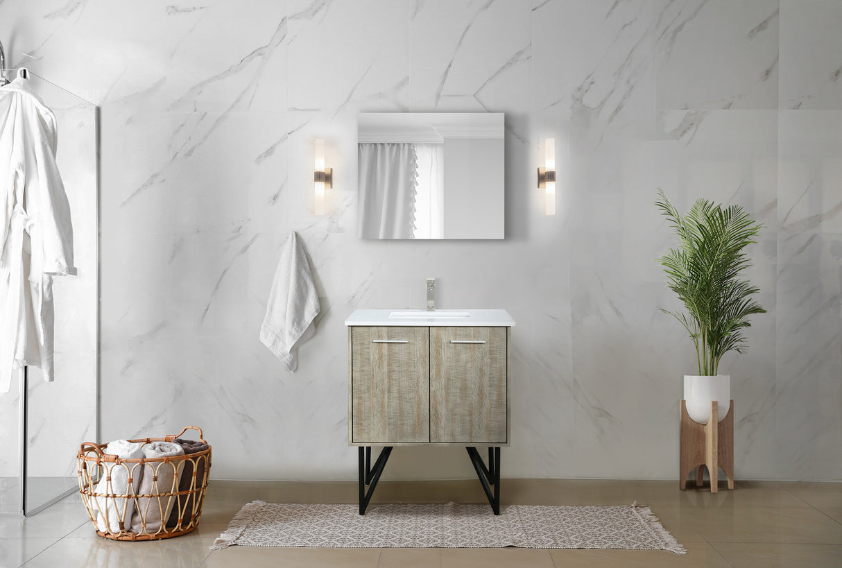 Lancy 30" Rustic Acacia Bathroom Vanity, White Quartz Top, White Square Sink, and 28" Frameless Mirror