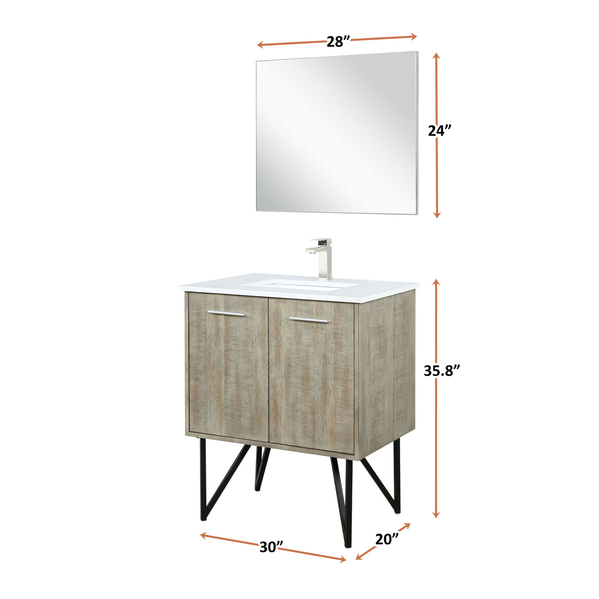 Lancy 30 in. Rustic Acacia  Freestanding Bathroom Vanity with White Quartz Top, White Square Sink, and Labaro Brushed Nickel Faucet Set
