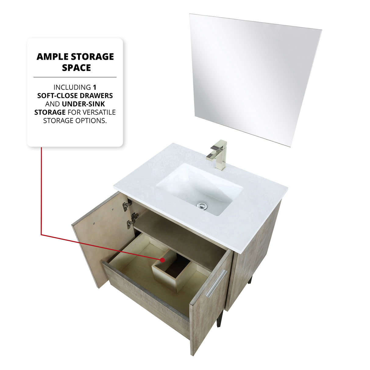 Lancy 30 in. Rustic Acacia  Freestanding Bathroom Vanity with White Quartz Top, White Square Sink, and Labaro Brushed Nickel Faucet Set
