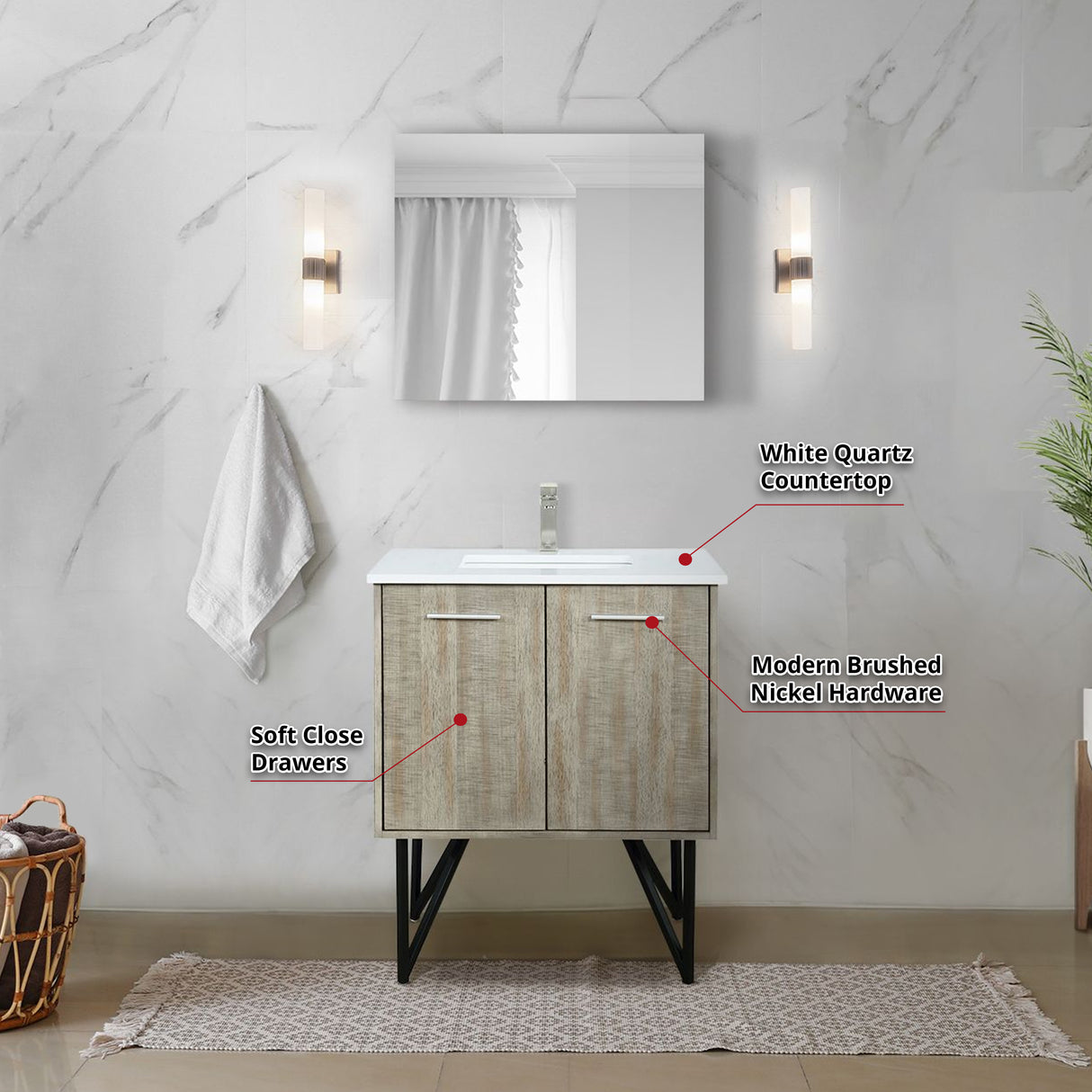 Lancy 30" Rustic Acacia Bathroom Vanity, White Quartz Top, White Square Sink, and 28" Frameless Mirror