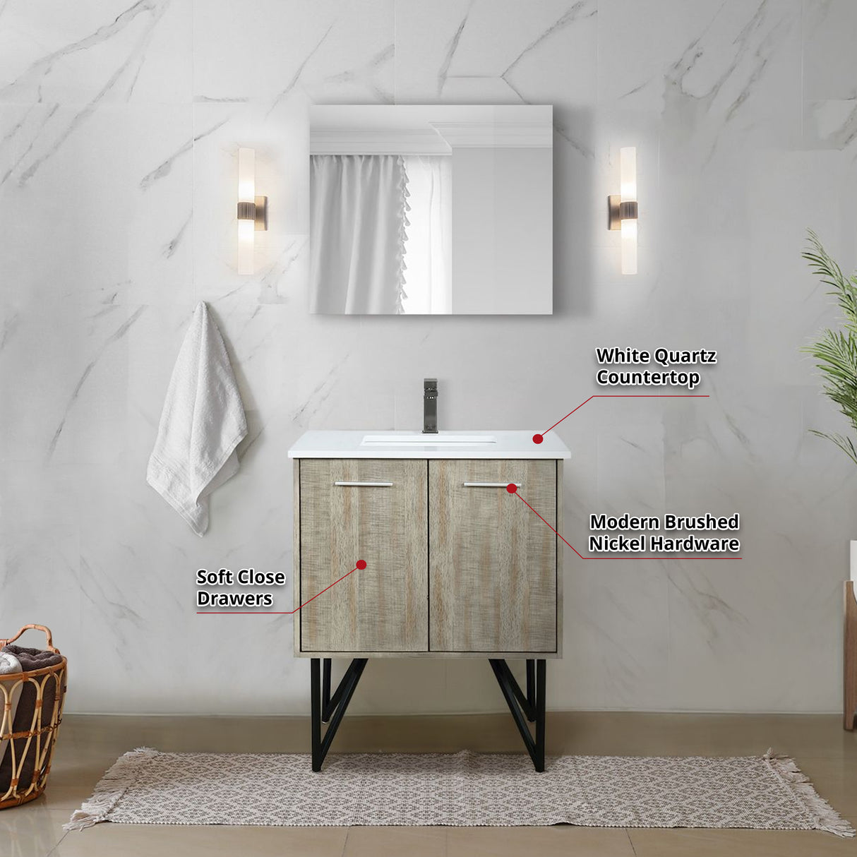 Lancy 30" Rustic Acacia Bathroom Vanity, White Quartz Top, White Square Sink, Balzani Gun Metal Faucet Set, and 28" Frameless Mirror