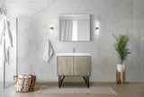 Lancy 36" Rustic Acacia Bathroom Vanity, White Quartz Top, White Square Sink, Labaro Brushed Nickel Faucet Set, and 28" Frameless Mirror