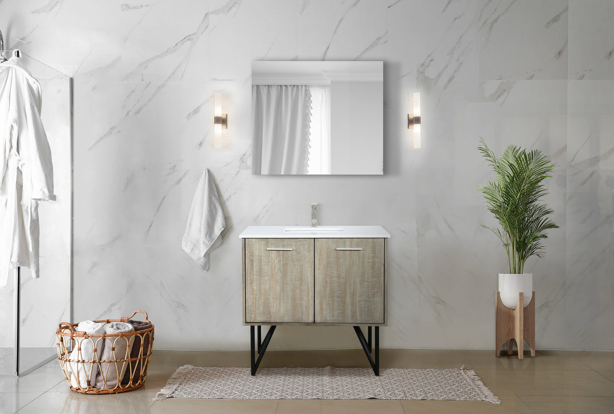 Lancy 36 in. Rustic Acacia  Freestanding Bathroom Vanity with White Quartz Top, White Square Sink, and Labaro Brushed Nickel Faucet Set