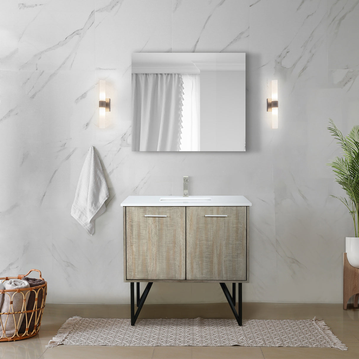 Lancy 36 in. Rustic Acacia  Freestanding Bathroom Vanity with White Quartz Top, White Square Sink, and Labaro Brushed Nickel Faucet Set