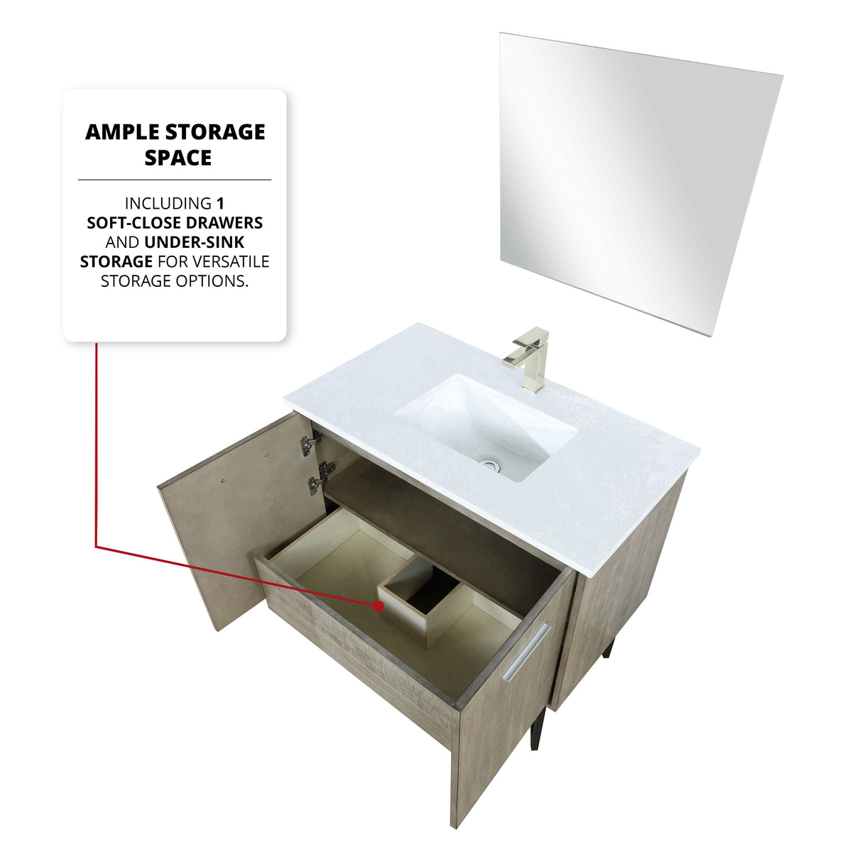 Lancy 36 in. Rustic Acacia  Freestanding Bathroom Vanity with White Quartz Top, White Square Sink, and Labaro Brushed Nickel Faucet Set
