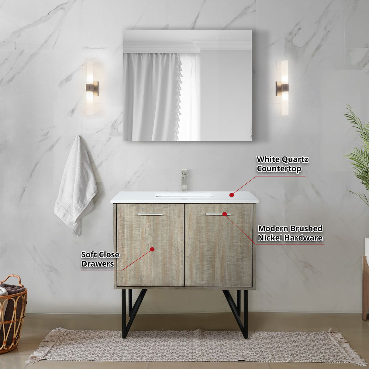 Lancy 36 in. Rustic Acacia  Freestanding Bathroom Vanity with White Quartz Top, White Square Sink, and Labaro Brushed Nickel Faucet Set