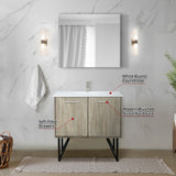 Lancy 36" Rustic Acacia Bathroom Vanity, White Quartz Top, White Square Sink, Labaro Brushed Nickel Faucet Set, and 28" Frameless Mirror