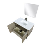 Lancy 36" Rustic Acacia Bathroom Vanity, White Quartz Top, White Square Sink, Balzani Gun Metal Faucet Set, and 28" Frameless Mirror
