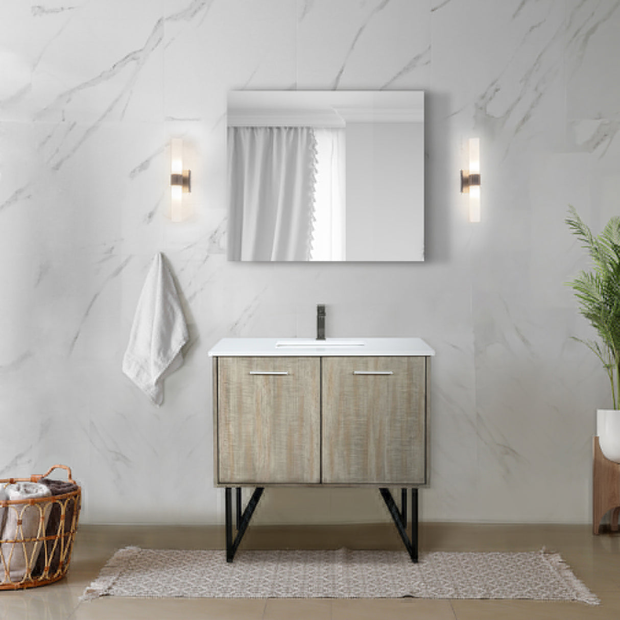 Lancy 36" Rustic Acacia Bathroom Vanity, White Quartz Top, White Square Sink, Balzani Gun Metal Faucet Set, and 28" Frameless Mirror