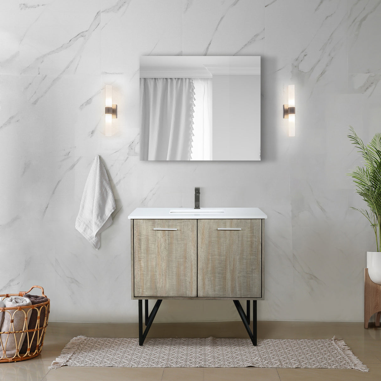 Lancy 36 in. Rustic Acacia  Freestanding Bathroom Vanity with White Quartz Top, White Square Sink, and Balzani Gun Metal Faucet Set