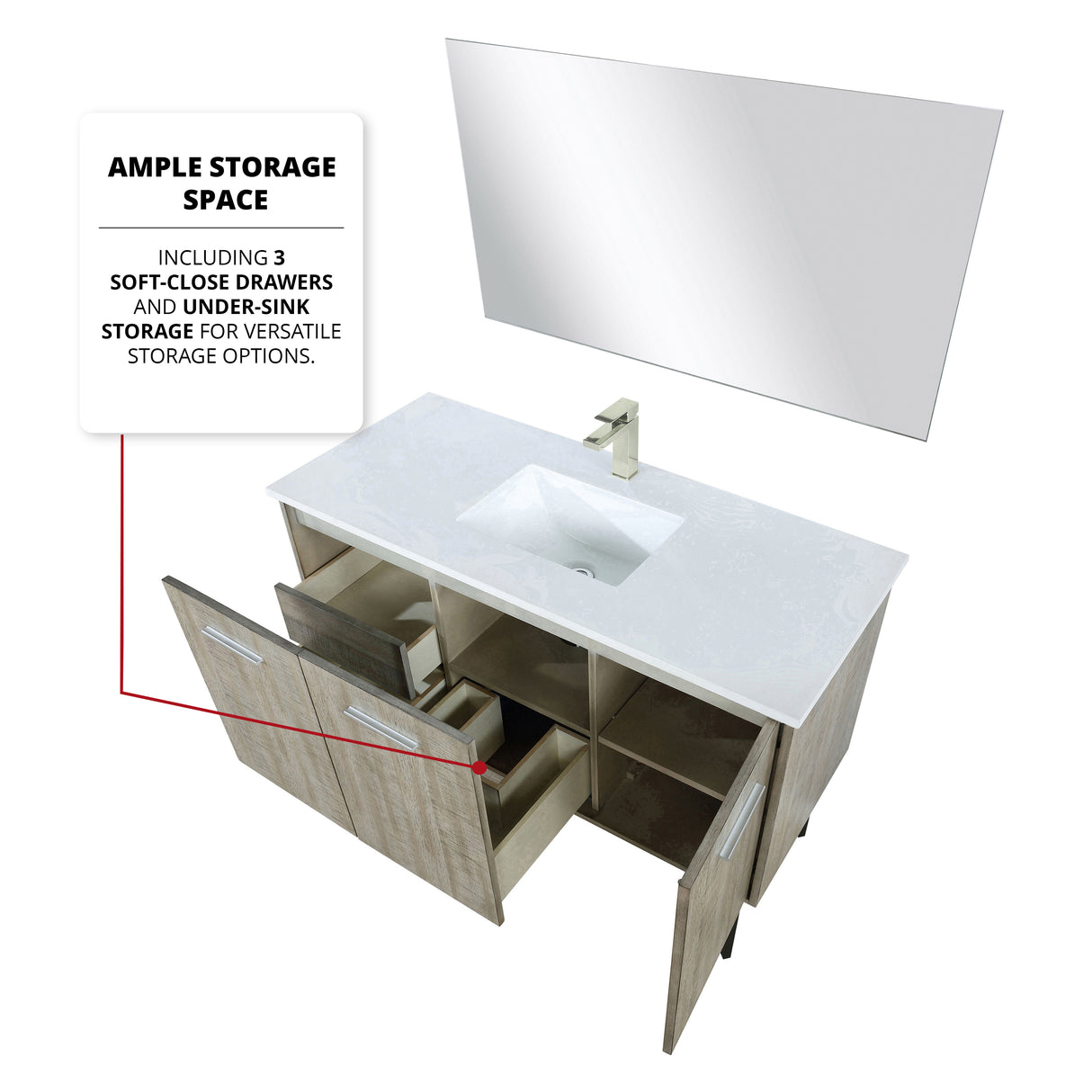 Lancy 48" Rustic Acacia Bathroom Vanity, White Quartz Top, White Square Sink, Labaro Brushed Nickel Faucet Set, and 43" Frameless Mirror