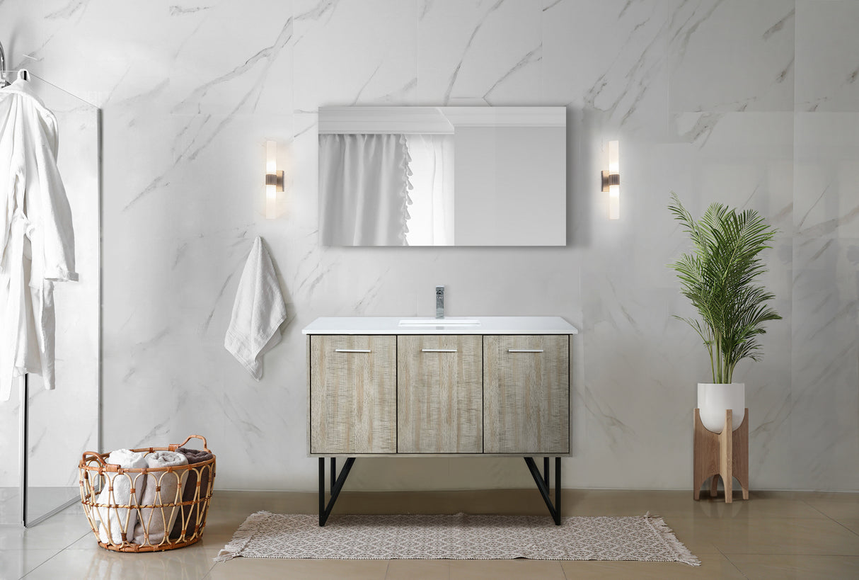 Lancy 48" Rustic Acacia Bathroom Vanity, White Quartz Top, White Square Sink, Monte Chrome Faucet Set, and 43" Frameless Mirror