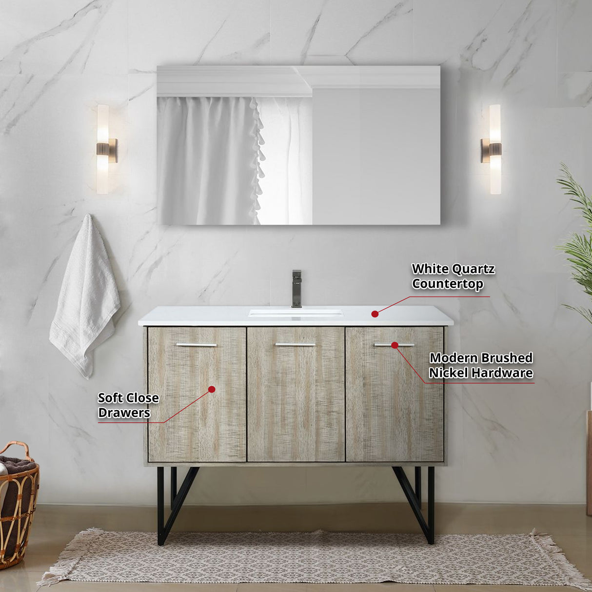 Lancy 48" Rustic Acacia Bathroom Vanity, White Quartz Top, White Square Sink, Balzani Gun Metal Faucet Set, and 43" Frameless Mirror