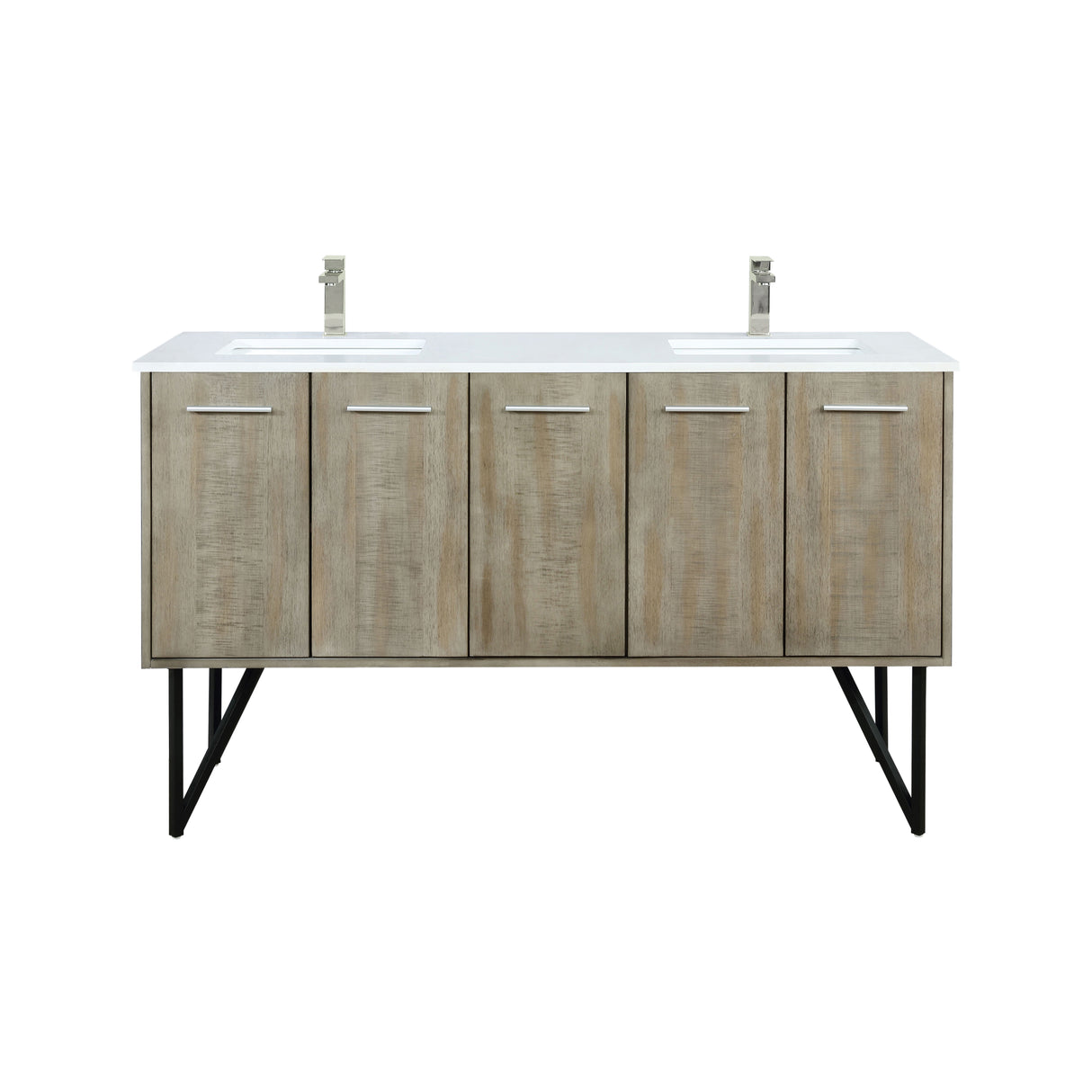 Lancy 60 in. Rustic Acacia  Freestanding Bathroom Vanity with White Quartz Top, White Square Sink, and Labaro Brushed Nickel Faucet Set