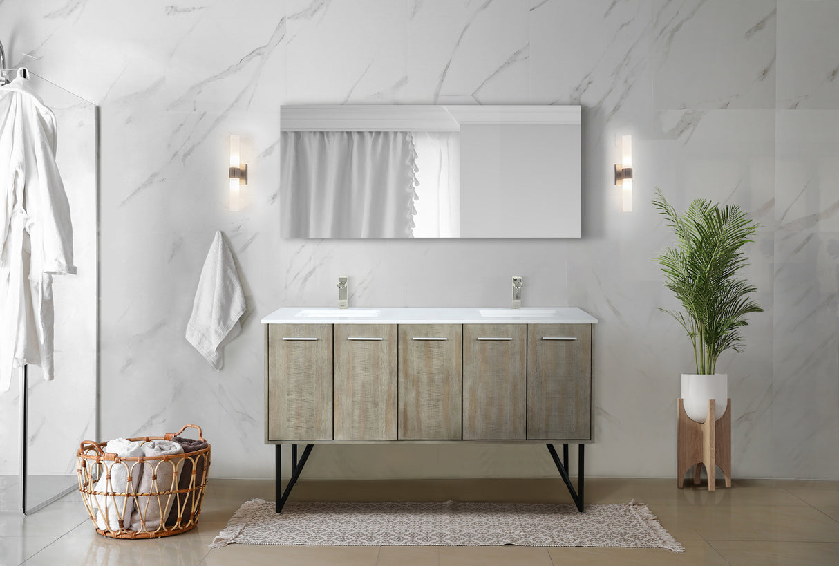 Lancy 60 in. Rustic Acacia  Freestanding Bathroom Vanity with White Quartz Top, White Square Sink, and Labaro Brushed Nickel Faucet Set