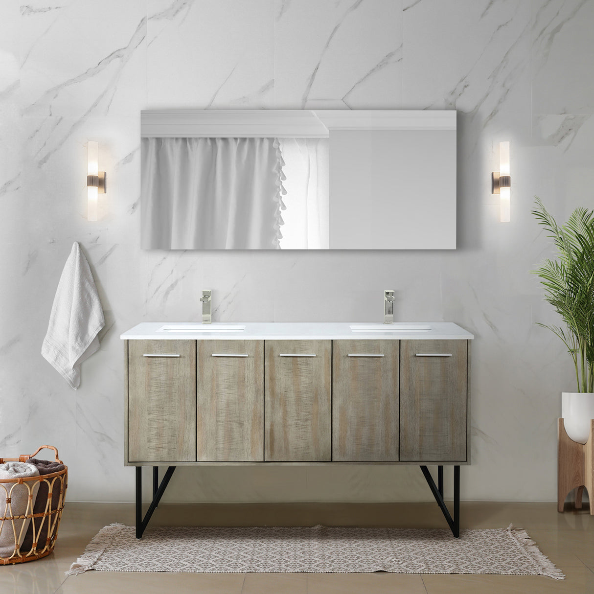 Lancy 60 in. Rustic Acacia  Freestanding Bathroom Vanity with White Quartz Top, White Square Sink, and Labaro Brushed Nickel Faucet Set