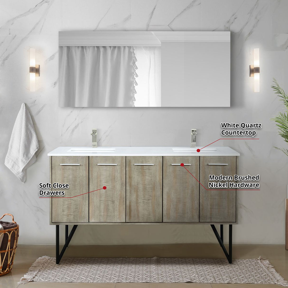 Lancy 60 in. Rustic Acacia  Freestanding Bathroom Vanity with White Quartz Top, White Square Sink, and Labaro Brushed Nickel Faucet Set