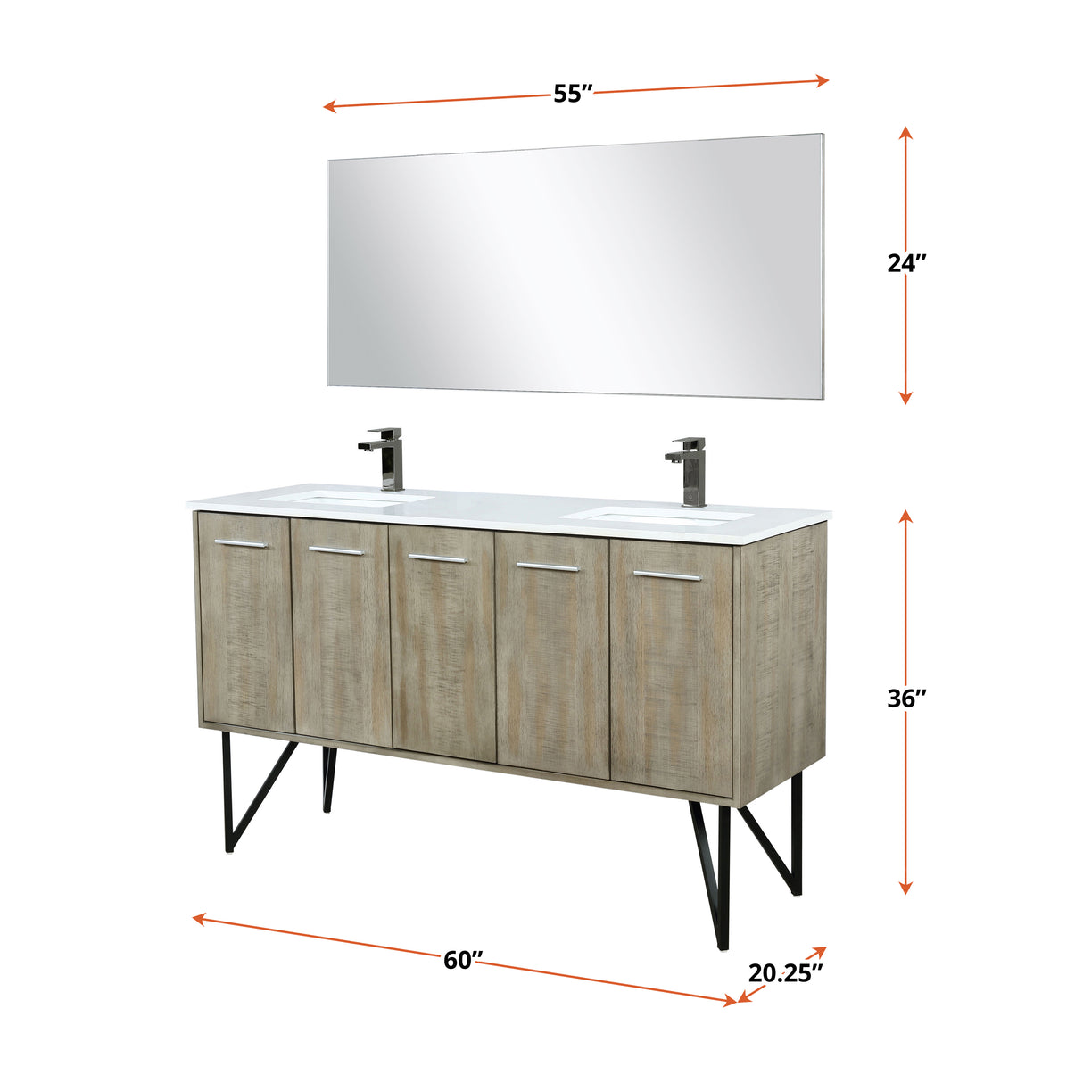 Lancy 60" Rustic Acacia Double Bathroom Vanity, White Quartz Top, White Square Sinks, Balzani Gun Metal Faucet Set, and 55" Frameless Mirror