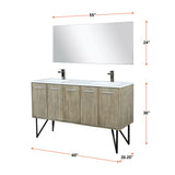 Lancy 60" Rustic Acacia Double Bathroom Vanity, White Quartz Top, White Square Sinks, Balzani Gun Metal Faucet Set, and 55" Frameless Mirror