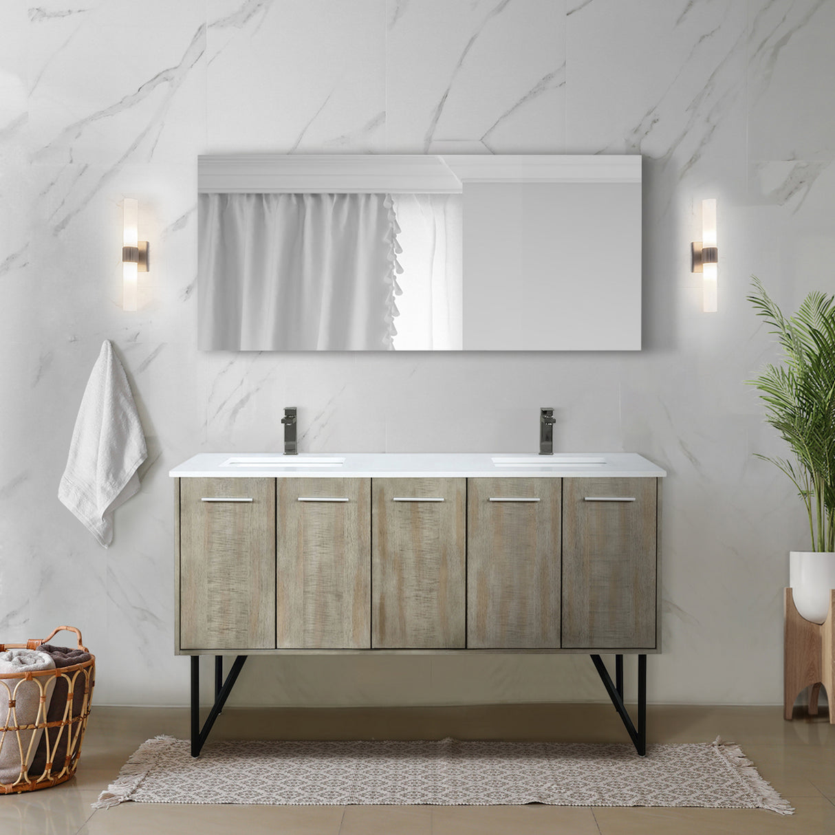 Lancy 60 in. Rustic Acacia  Freestanding Bathroom Vanity with White Quartz Top, White Square Sink, and Balzani Gun Metal Faucet Set