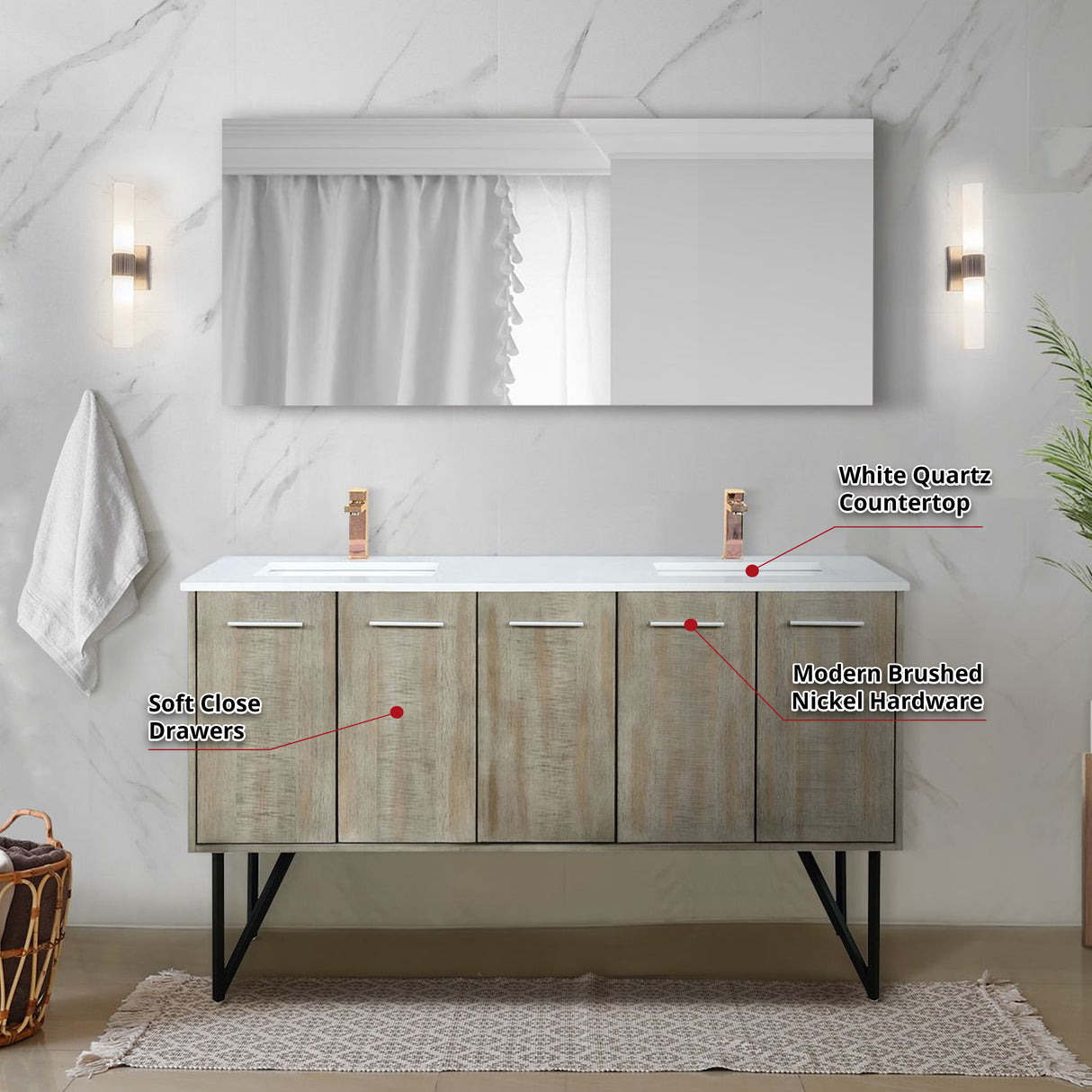 Lancy 60 in. Rustic Acacia  Freestanding Bathroom Vanity with White Quartz Top, White Square Sink, and Monte Chrome Faucet Set