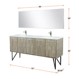 Lancy 72" Rustic Acacia Double Bathroom Vanity, White Quartz Top, White Square Sinks, Labaro Brushed Nickel Faucet Set, and 70" Frameless Mirror