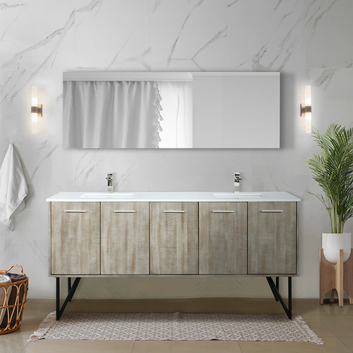 Lancy 72" Rustic Acacia Double Bathroom Vanity, White Quartz Top, White Square Sinks, Labaro Brushed Nickel Faucet Set, and 70" Frameless Mirror