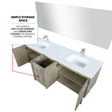 Lancy 72" Rustic Acacia Double Bathroom Vanity, White Quartz Top, White Square Sinks, Labaro Brushed Nickel Faucet Set, and 70" Frameless Mirror